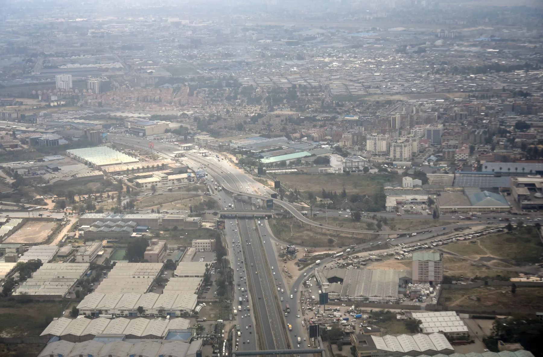 Aerial view of the Nairobi Expressway crossing the industrial area along Mombasa Road